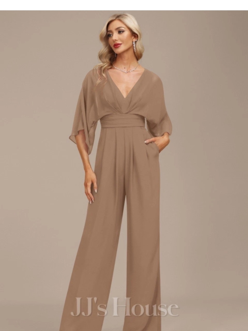 JJ's House Jumpsuit V-Neck Floor-Length Chiffon Champagne Taupe sz 4 275301